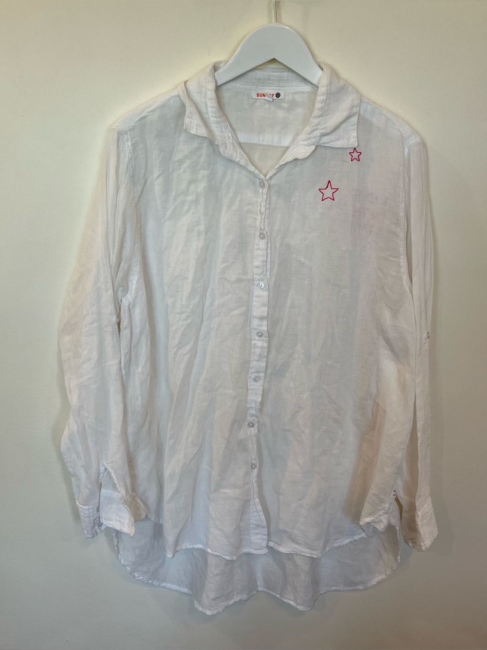 Sundry White Cotton Shirt Size Large Relaxed Roll Tab Star Coastal Lightweight
